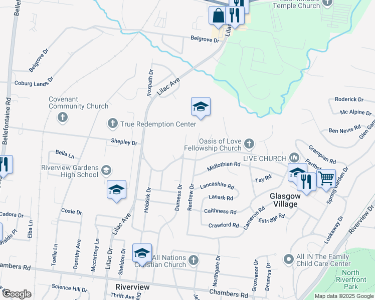 map of restaurants, bars, coffee shops, grocery stores, and more near 10512 Durness Drive in St. Louis