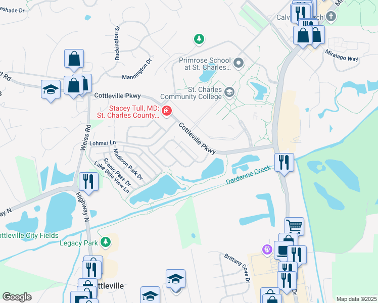 map of restaurants, bars, coffee shops, grocery stores, and more near 322 Harmony Villa Way in Cottleville