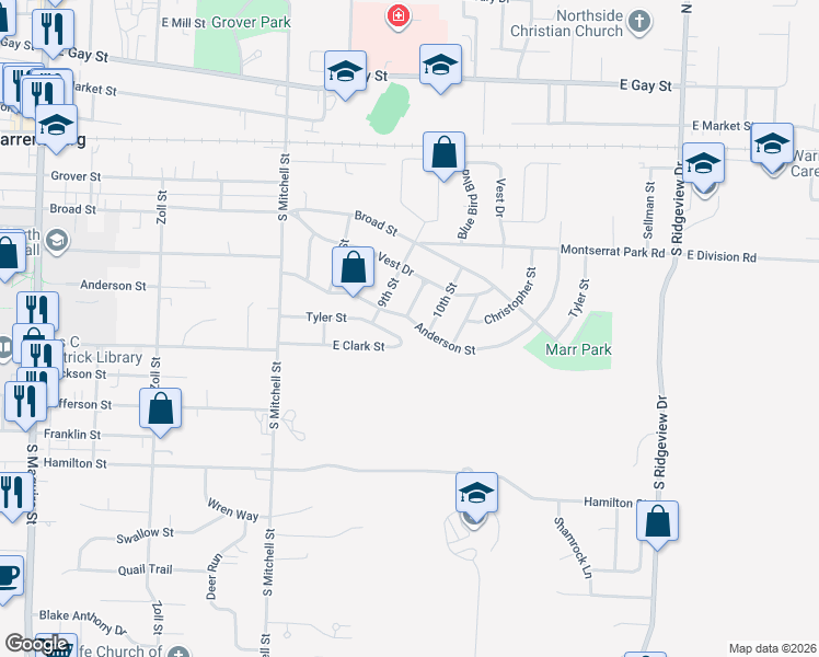 map of restaurants, bars, coffee shops, grocery stores, and more near 910 Anderson St in Warrensburg