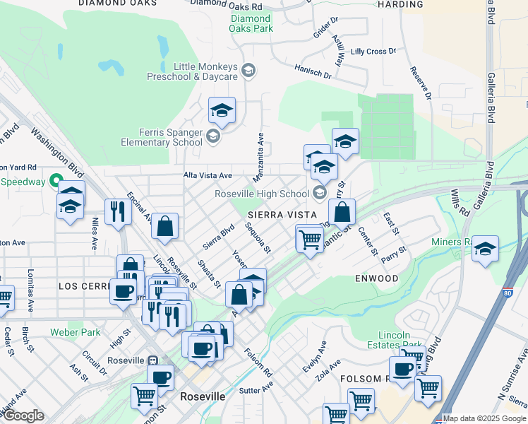 map of restaurants, bars, coffee shops, grocery stores, and more near 424 Sierra Boulevard in Roseville