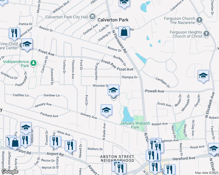 map of restaurants, bars, coffee shops, grocery stores, and more near 226 Wooster Drive in Ferguson