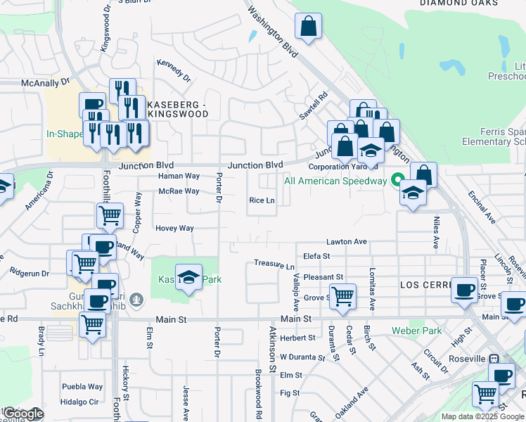 map of restaurants, bars, coffee shops, grocery stores, and more near 1312 Len Way in Roseville