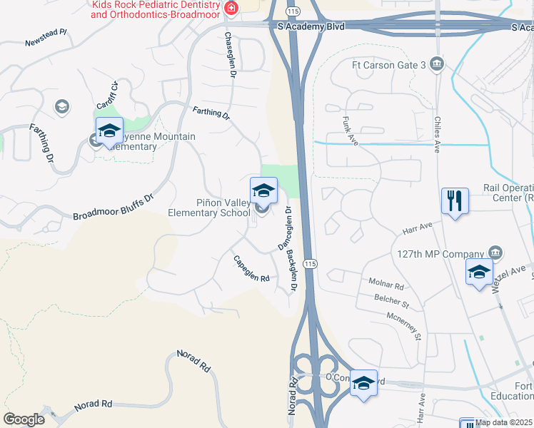 map of restaurants, bars, coffee shops, grocery stores, and more near 6205 Farthing Drive in Colorado Springs