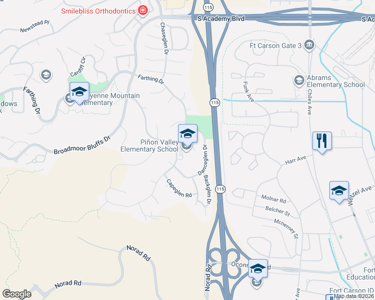 map of restaurants, bars, coffee shops, grocery stores, and more near 6205 Farthing Drive in Colorado Springs