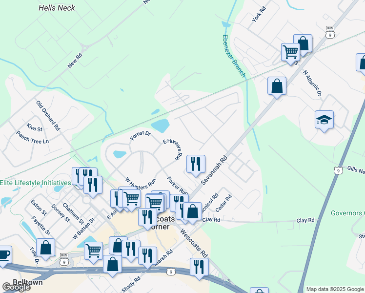 map of restaurants, bars, coffee shops, grocery stores, and more near 33653 East Hunters Run in Lewes