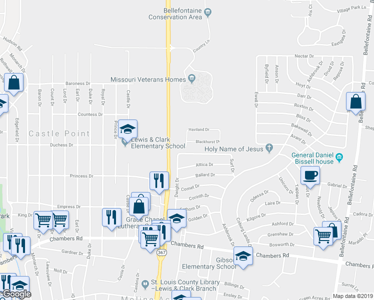 map of restaurants, bars, coffee shops, grocery stores, and more near 1525 Akron Dr in St Louis