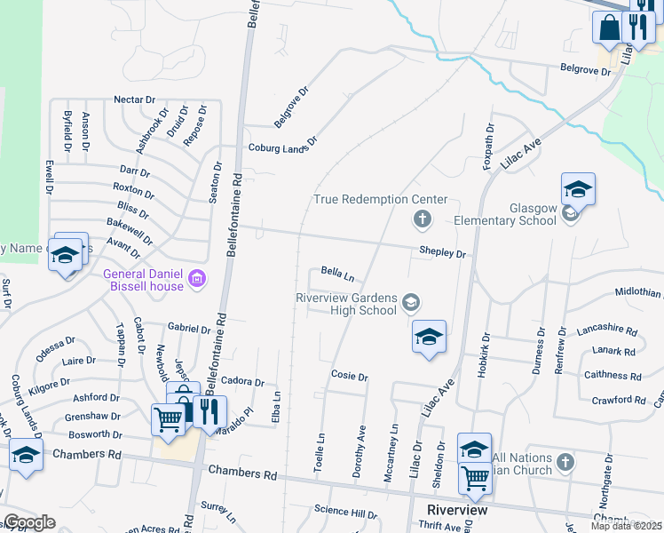 map of restaurants, bars, coffee shops, grocery stores, and more near 831 Bella Lane in St. Louis