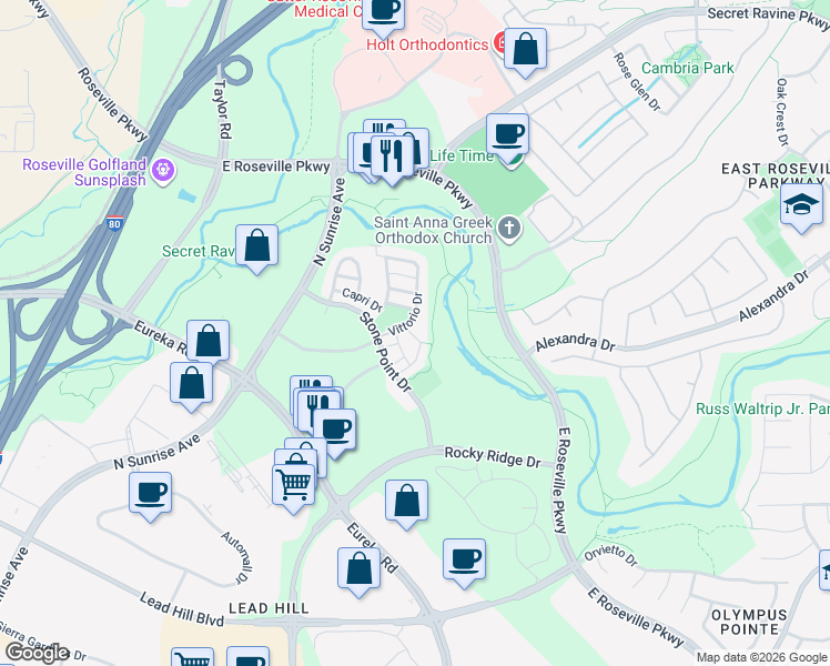 map of restaurants, bars, coffee shops, grocery stores, and more near 4048 Vittorio Drive in Roseville
