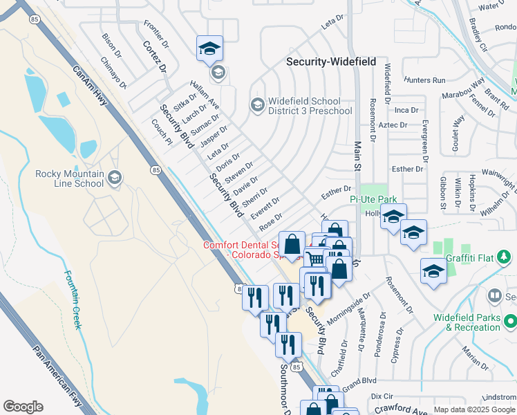 map of restaurants, bars, coffee shops, grocery stores, and more near 116 Everett Drive in Colorado Springs
