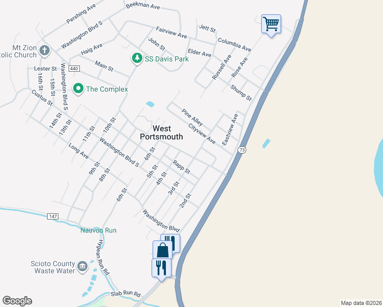 map of restaurants, bars, coffee shops, grocery stores, and more near 307 Calverts Lane in West Portsmouth