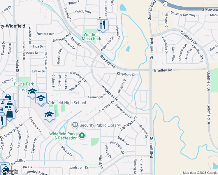 map of restaurants, bars, coffee shops, grocery stores, and more near 908 Red Brooke Drive in Colorado Springs