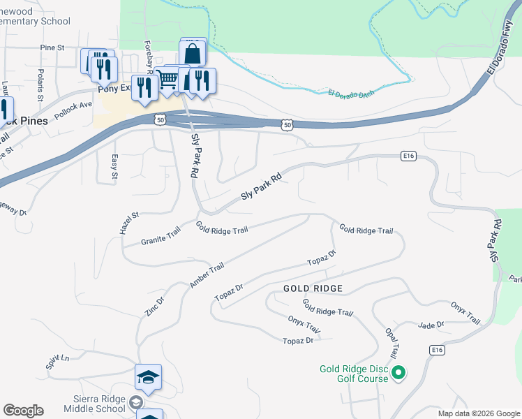 map of restaurants, bars, coffee shops, grocery stores, and more near 3205 Roland Court in Pollock Pines