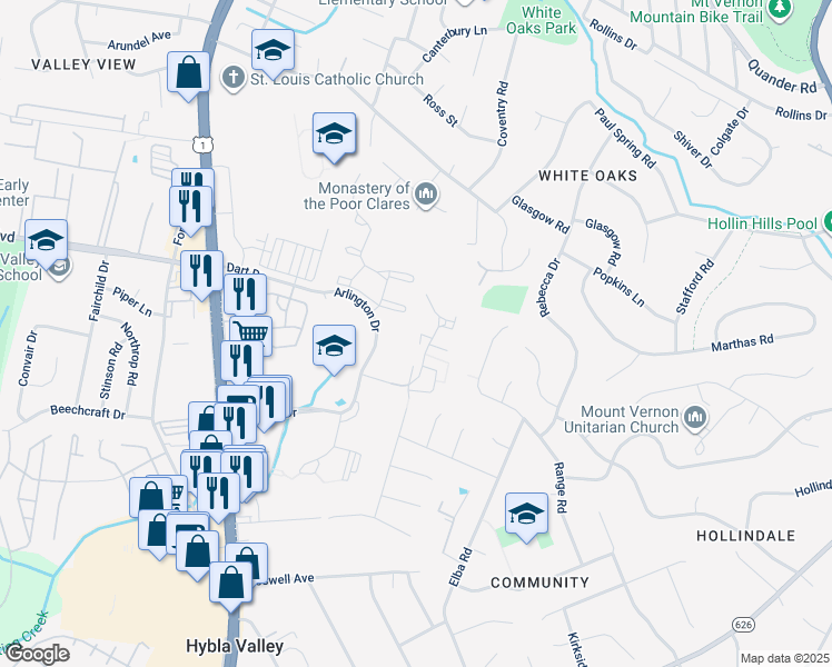 map of restaurants, bars, coffee shops, grocery stores, and more near 2470 Windbreak Drive in Alexandria
