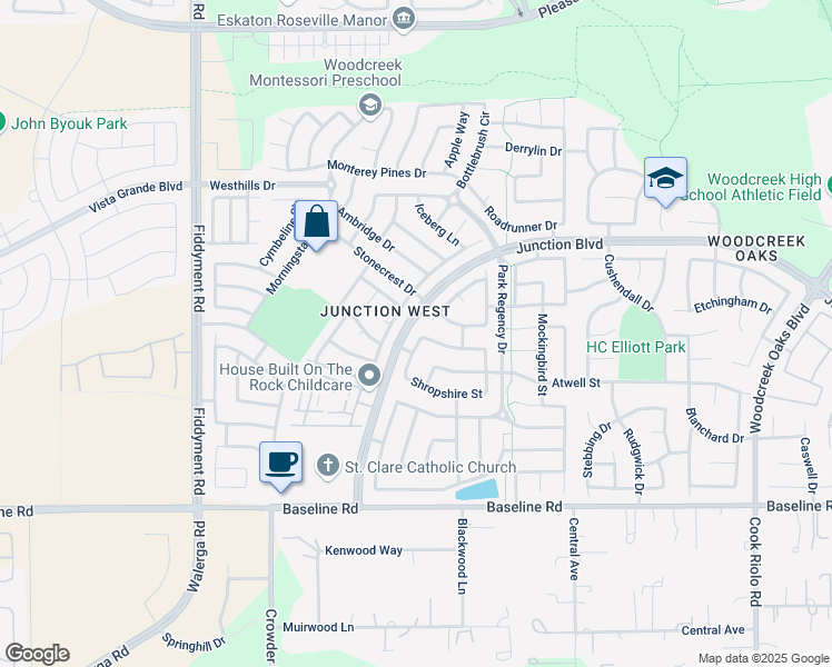 map of restaurants, bars, coffee shops, grocery stores, and more near 1920 Shropshire Street in Roseville