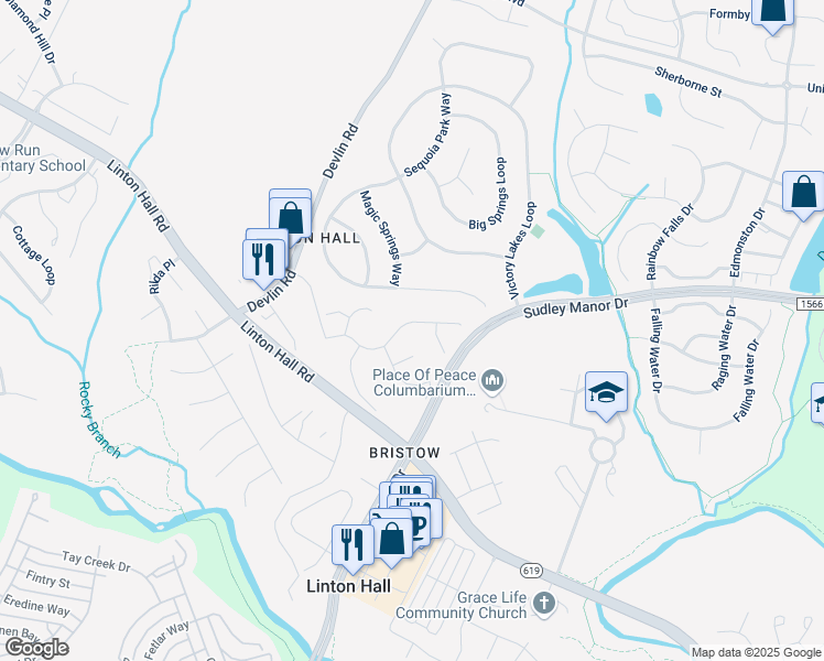 map of restaurants, bars, coffee shops, grocery stores, and more near 12735 Crossman Creek Way in Bristow