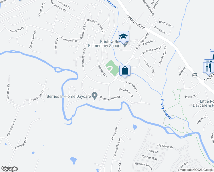 map of restaurants, bars, coffee shops, grocery stores, and more near 13411 Hudson Place in Bristow