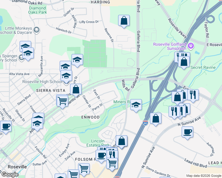 map of restaurants, bars, coffee shops, grocery stores, and more near 1049 Shearer Street in Roseville