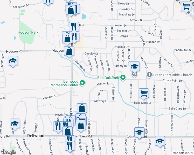 map of restaurants, bars, coffee shops, grocery stores, and more near 1590 Champlin Drive in St. Louis