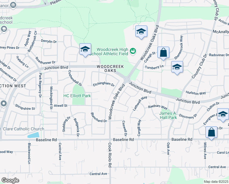 map of restaurants, bars, coffee shops, grocery stores, and more near 1501 Eriswell Drive in Roseville