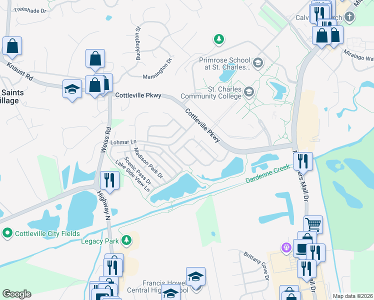 map of restaurants, bars, coffee shops, grocery stores, and more near 1102 Centre Lake Drive in Cottleville