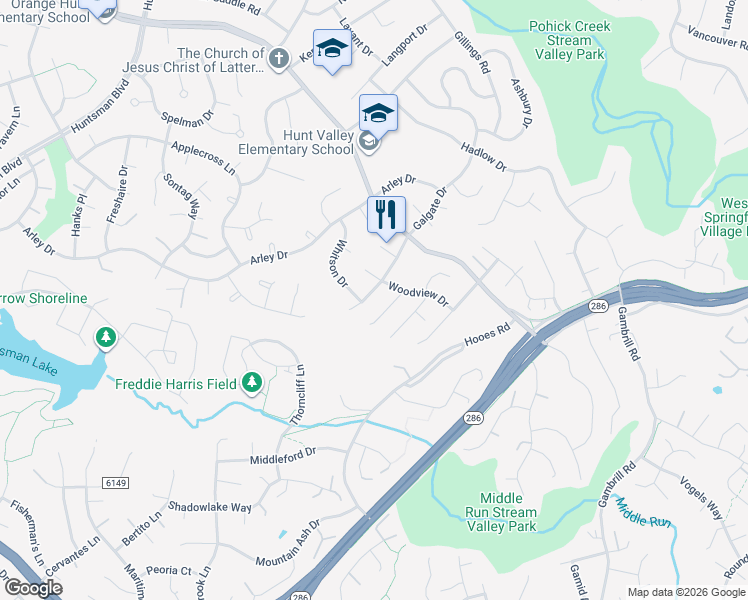 map of restaurants, bars, coffee shops, grocery stores, and more near 7219 Galgate Drive in Springfield