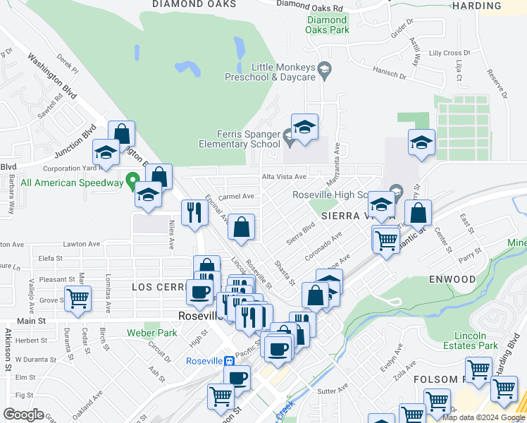 map of restaurants, bars, coffee shops, grocery stores, and more near 534 Shasta Street in Roseville