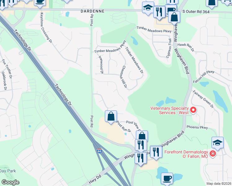 map of restaurants, bars, coffee shops, grocery stores, and more near 3701 Post Woods Court in O'Fallon