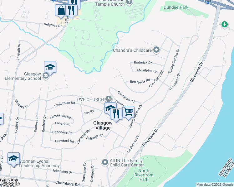 map of restaurants, bars, coffee shops, grocery stores, and more near 216 Grampian Road in St. Louis