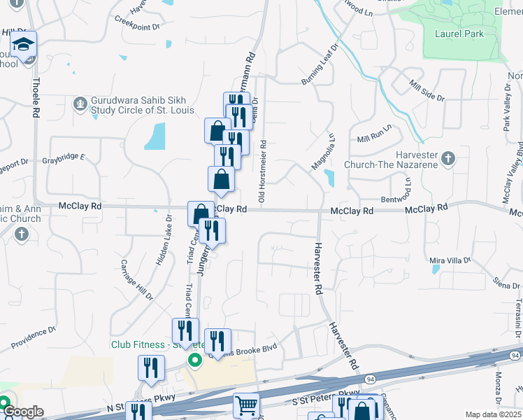 map of restaurants, bars, coffee shops, grocery stores, and more near McClay Road in O'Fallon