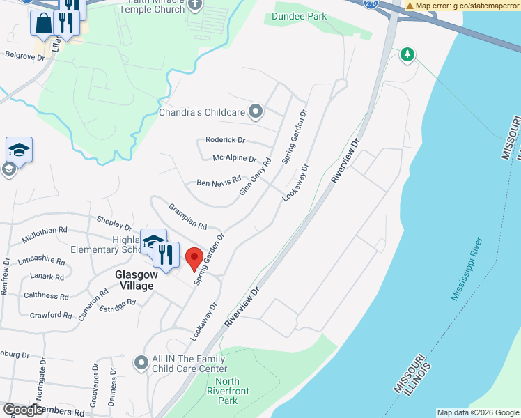 map of restaurants, bars, coffee shops, grocery stores, and more near 10636 Spring Garden Drive in St. Louis