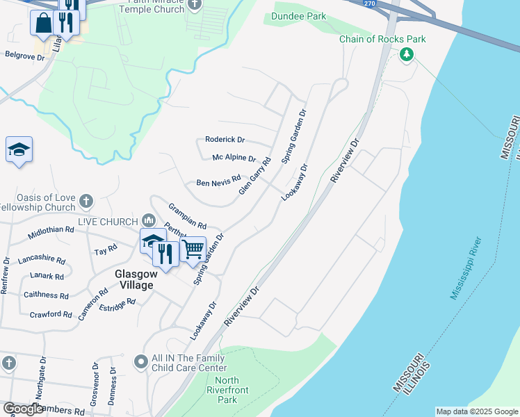 map of restaurants, bars, coffee shops, grocery stores, and more near 10636 Spring Garden Dr in St Louis