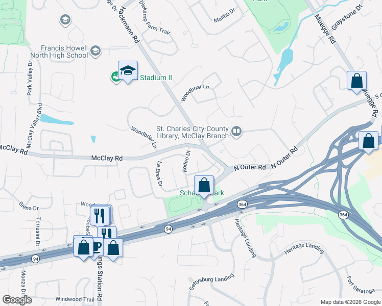 map of restaurants, bars, coffee shops, grocery stores, and more near 1686 Rodeo Drive in Saint Charles
