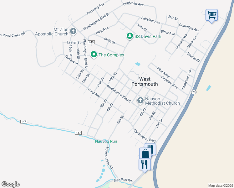 map of restaurants, bars, coffee shops, grocery stores, and more near 1377 8th Street in West Portsmouth