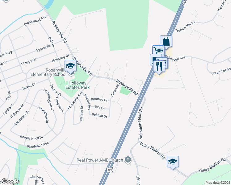 map of restaurants, bars, coffee shops, grocery stores, and more near 9908 Sudan Place in Upper Marlboro