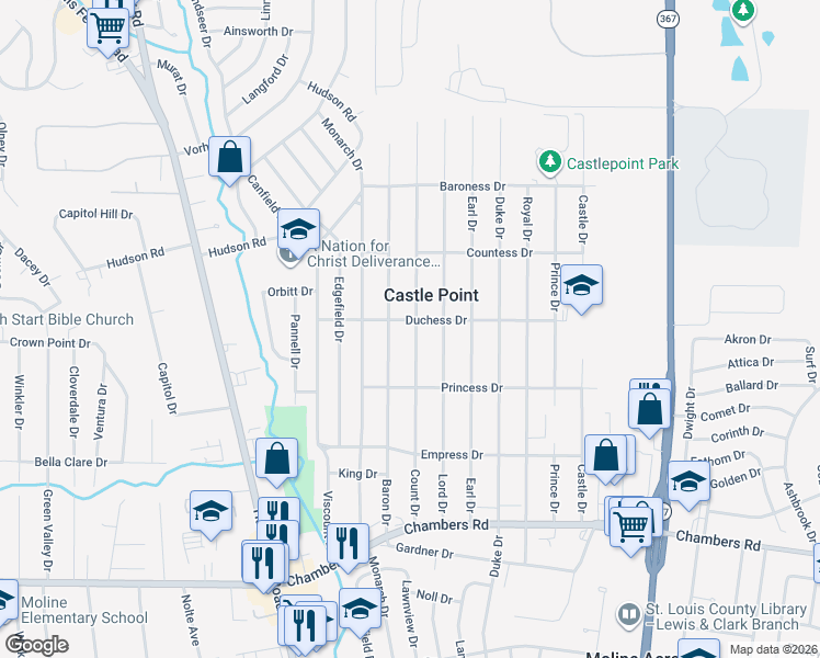 map of restaurants, bars, coffee shops, grocery stores, and more near 10187 Count Drive in St. Louis