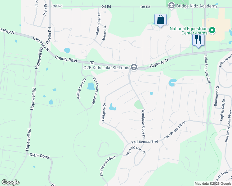 map of restaurants, bars, coffee shops, grocery stores, and more near 430 Parkgate Drive in Lake Saint Louis