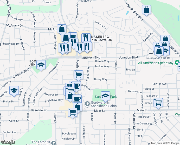 map of restaurants, bars, coffee shops, grocery stores, and more near 632 Copper Way in Roseville