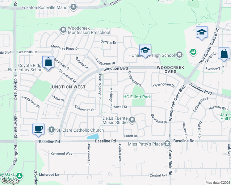 map of restaurants, bars, coffee shops, grocery stores, and more near 1749 Tanager Way in Roseville