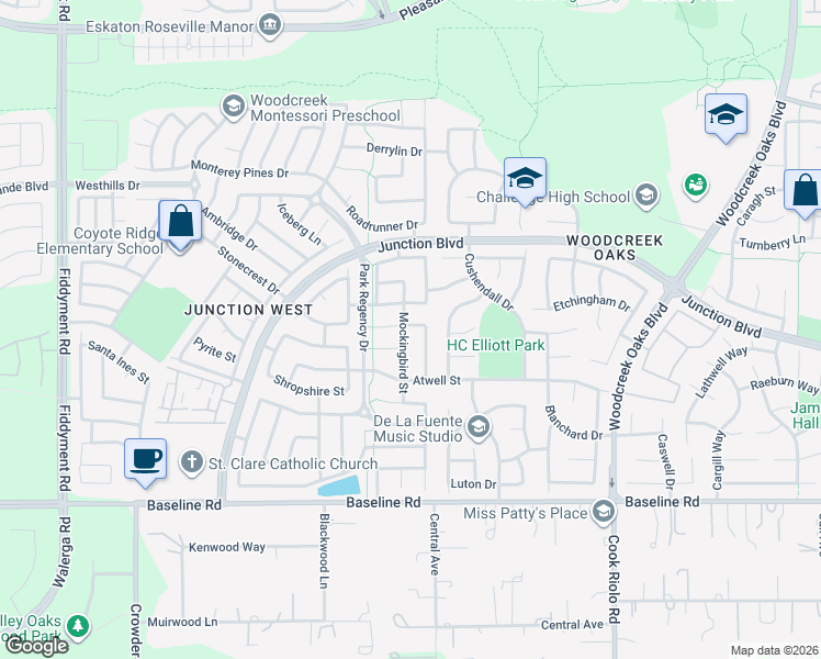 map of restaurants, bars, coffee shops, grocery stores, and more near 101 Tanager Court in Roseville