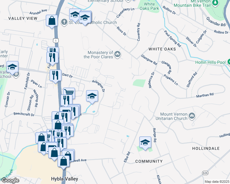 map of restaurants, bars, coffee shops, grocery stores, and more near 2468 Windbreak Drive in Alexandria