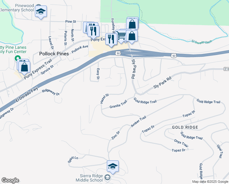 map of restaurants, bars, coffee shops, grocery stores, and more near 3154 Hazel Street in Pollock Pines