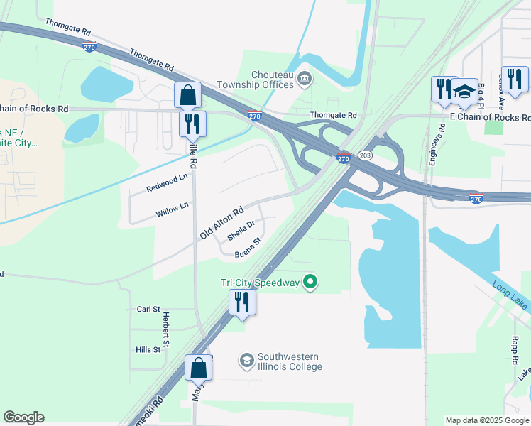 map of restaurants, bars, coffee shops, grocery stores, and more near 5176 Buena Street in Granite City