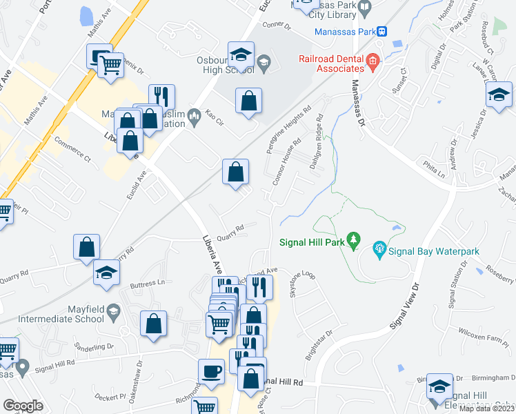 map of restaurants, bars, coffee shops, grocery stores, and more near 8200 Broad Place in Manassas