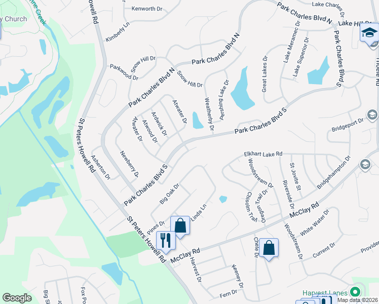 map of restaurants, bars, coffee shops, grocery stores, and more near 55 Park Charles Boulevard South in St. Peters
