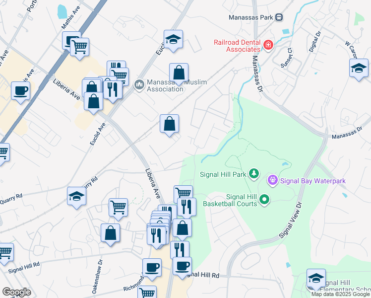 map of restaurants, bars, coffee shops, grocery stores, and more near 8200 Broad Place in Manassas