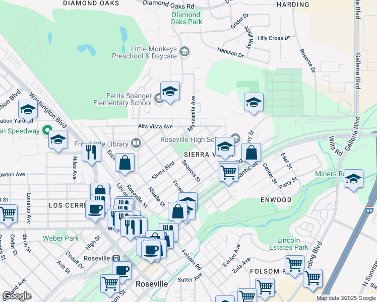 map of restaurants, bars, coffee shops, grocery stores, and more near 424 Sierra Boulevard in Roseville