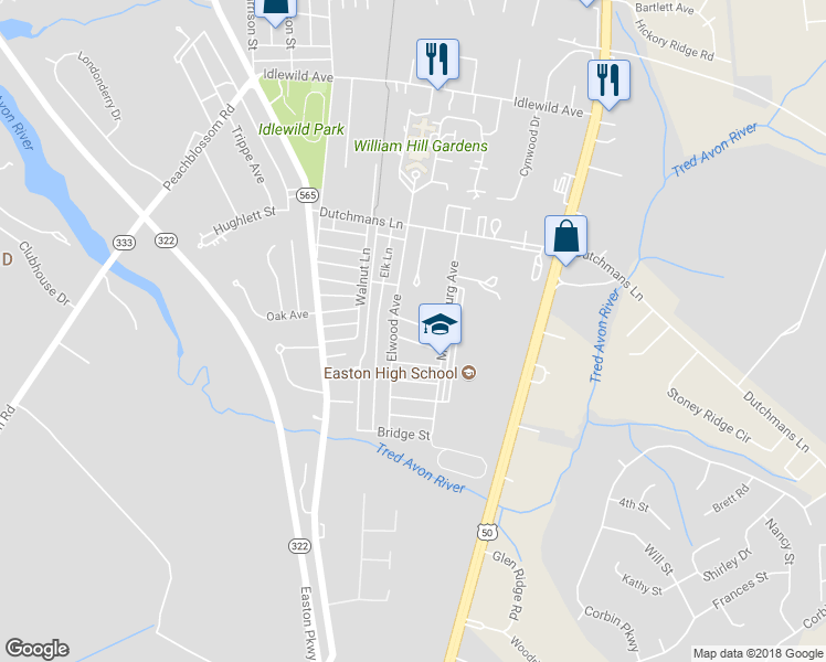 map of restaurants, bars, coffee shops, grocery stores, and more near 504 Oak Avenue in Easton