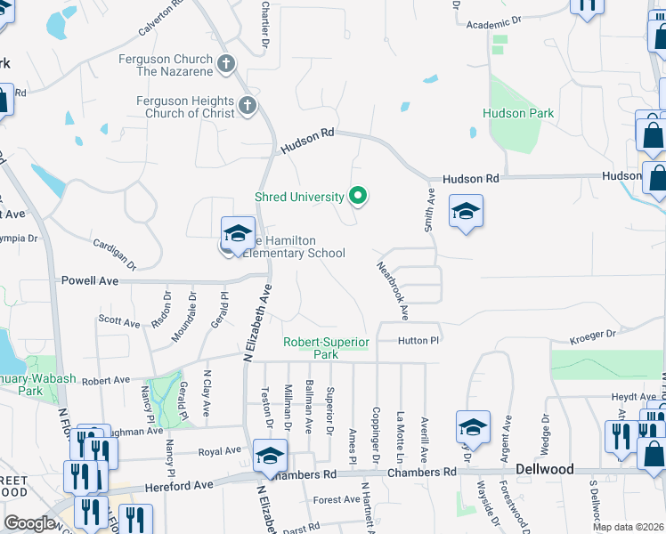 map of restaurants, bars, coffee shops, grocery stores, and more near 617 Plantmore Drive in Ferguson
