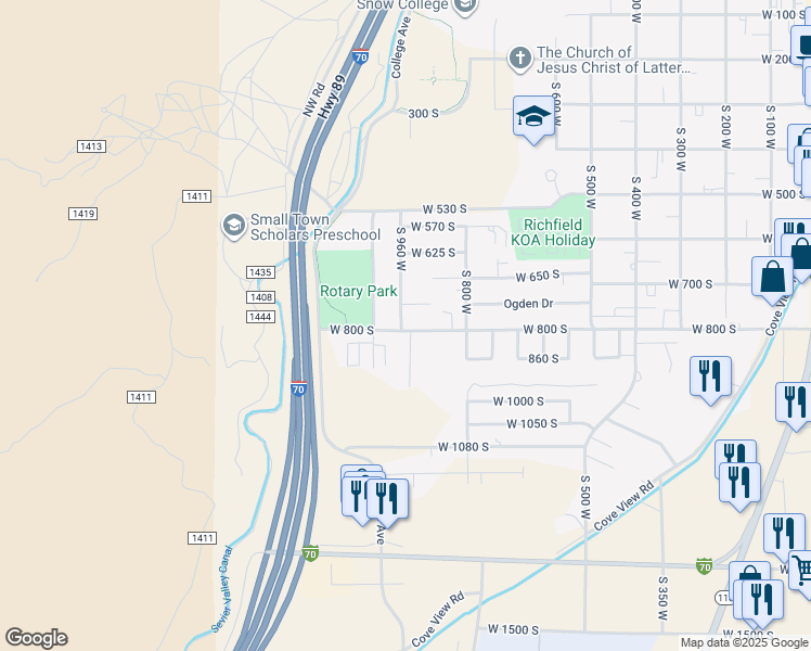 map of restaurants, bars, coffee shops, grocery stores, and more near 908 West 800 South in Richfield