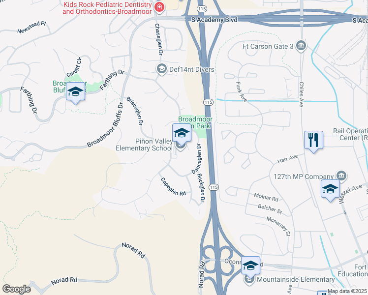 map of restaurants, bars, coffee shops, grocery stores, and more near 6205 Farthing Drive in Colorado Springs